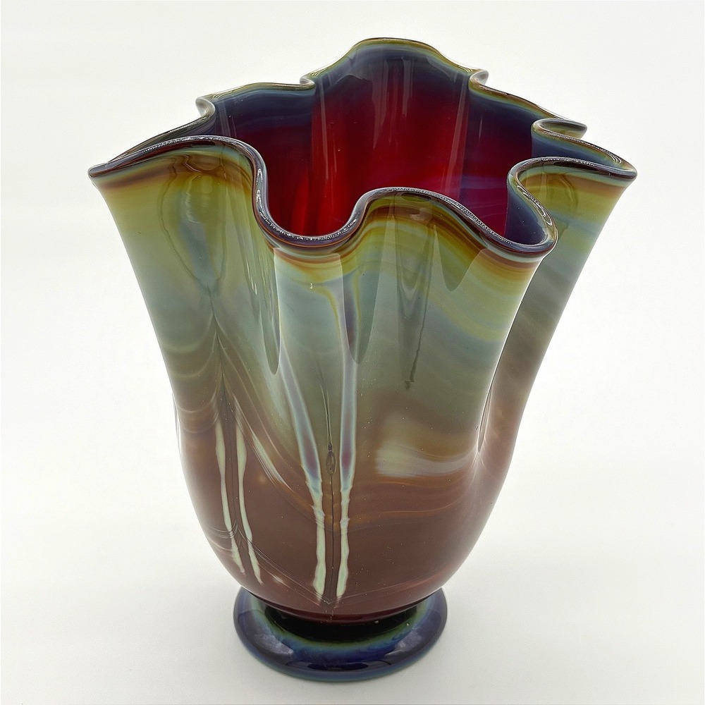 Signed Studio Art Glass Ruffled Handkerchief Vase Iridescent 2001 Terra Studios